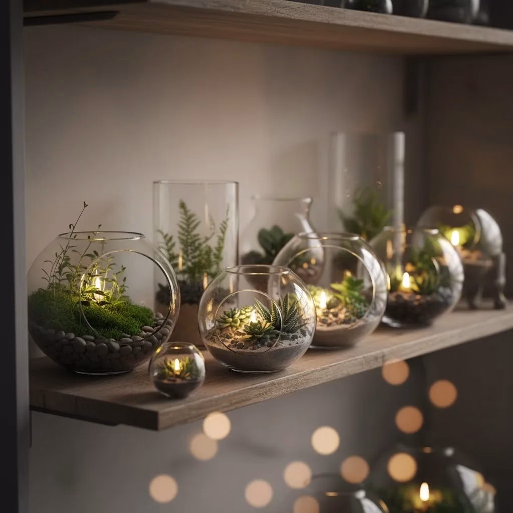 Scaffale Incantato con Diversi Terrarium